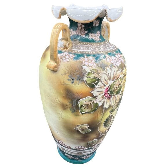 Nippon Rare Antique Hand Painted Floral Two Handed Vase Ruffled Rim 3D Bloomcore - Picture 8 of 15